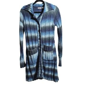 VTG Y2K Us 3 Blue Striped Long Sweater Cardigan Buttons Ombre Grunge Wool Bld L